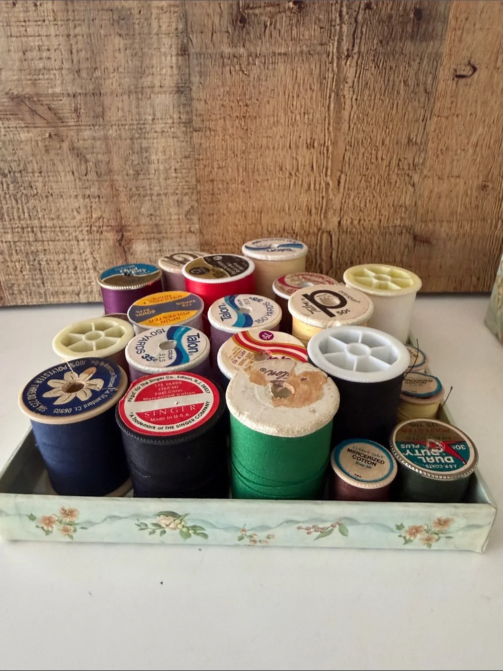Floral Storage Box - Blue Cream with assorted random thread spools